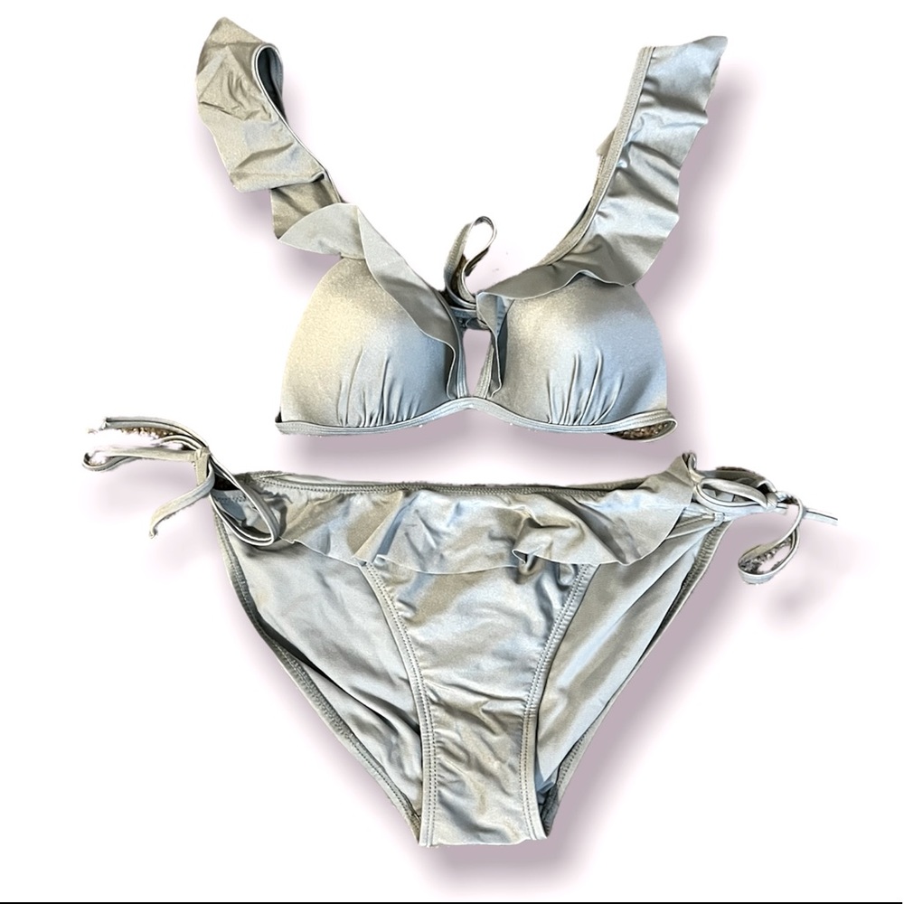 No Boundaries Mixed size sage green silk bathing suit set.
